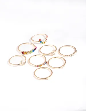 Gold Fine Rainbow Diamante Ring 8 Pack