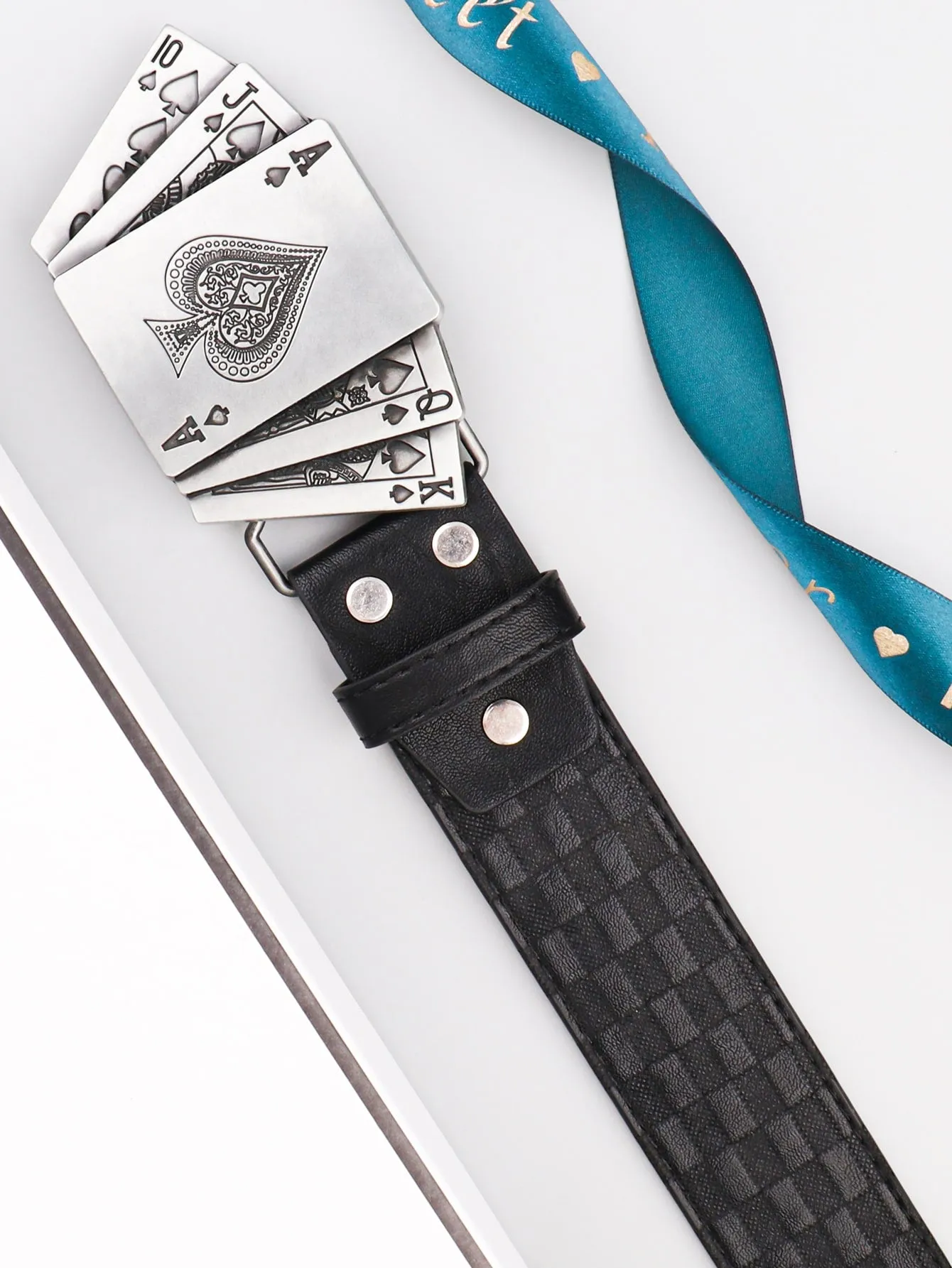 Men's PU Polyurethane Poker Floral Pattern Black Belt Gift