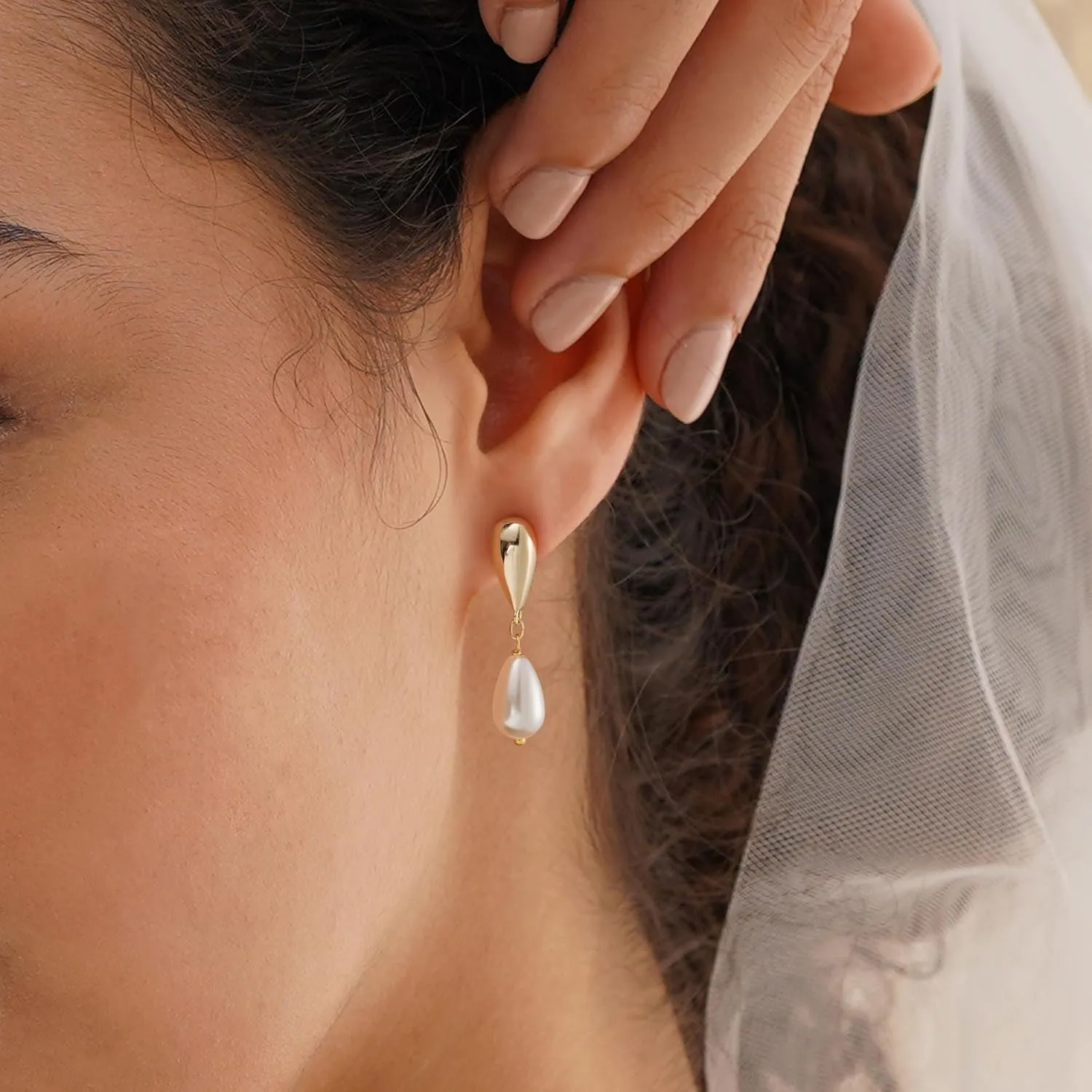 Pearl Earrings-14K Gold Plated Dainty Pearl Drop Simple Wedding CZ Dangle Dangling Cute Stud Earrings for Brides Earrings for Women Gifts