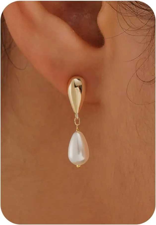 Pearl Earrings-14K Gold Plated Dainty Pearl Drop Simple Wedding CZ Dangle Dangling Cute Stud Earrings for Brides Earrings for Women Gifts