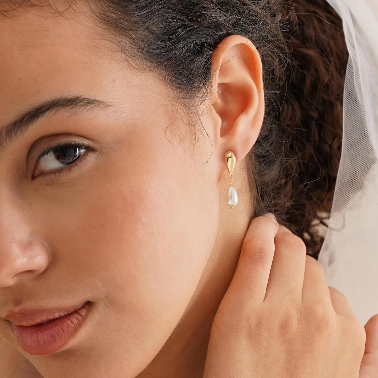 Pearl Earrings-14K Gold Plated Dainty Pearl Drop Simple Wedding CZ Dangle Dangling Cute Stud Earrings for Brides Earrings for Women Gifts