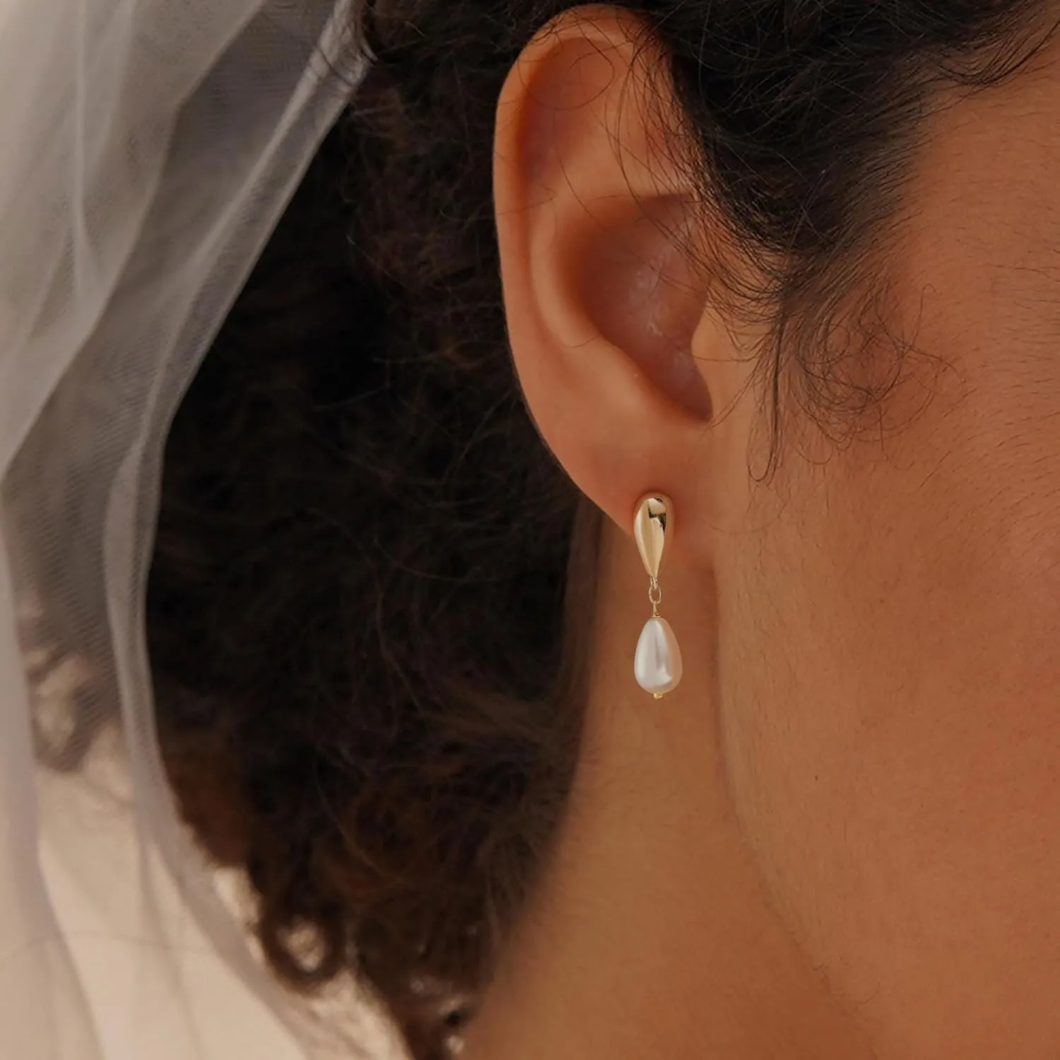 Pearl Earrings-14K Gold Plated Dainty Pearl Drop Simple Wedding CZ Dangle Dangling Cute Stud Earrings for Brides Earrings for Women Gifts