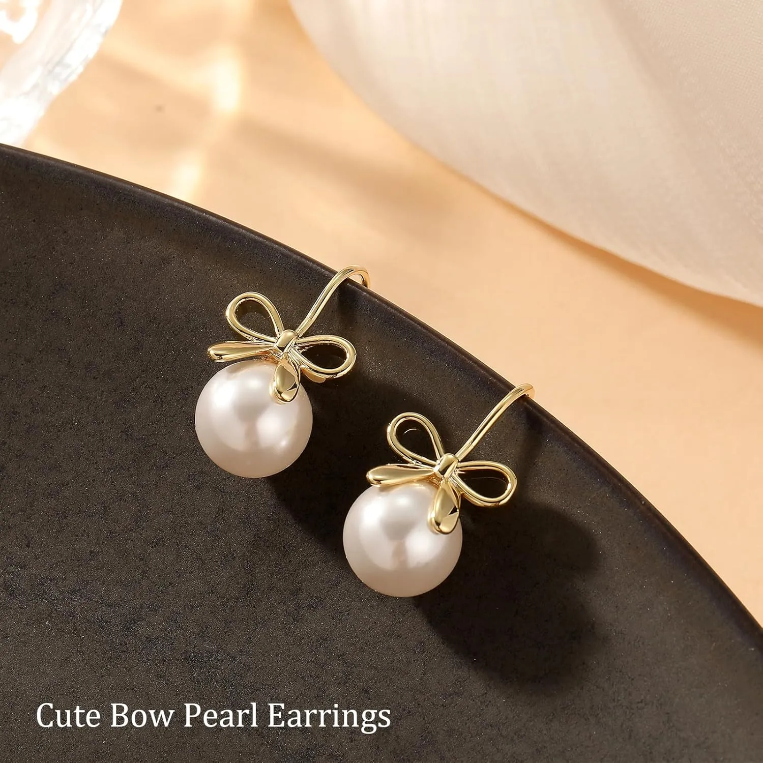 Pearl Earrings for Women Cute Bow Pearl Drop Earrings Elegant Hypoallergenic Gold Jewelry for Women
