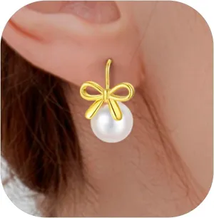 Pearl Earrings for Women Cute Bow Pearl Drop Earrings Elegant Hypoallergenic Gold Jewelry for Women