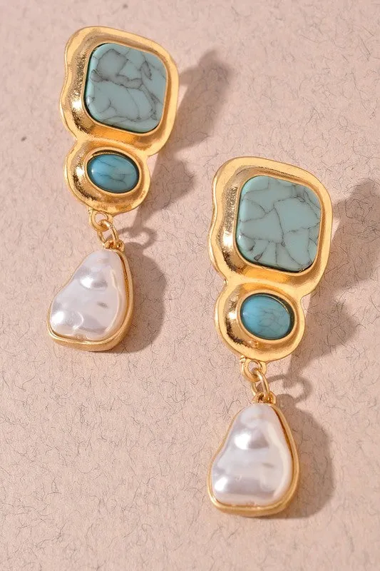 TURQ STONE PEARL EARRINGS